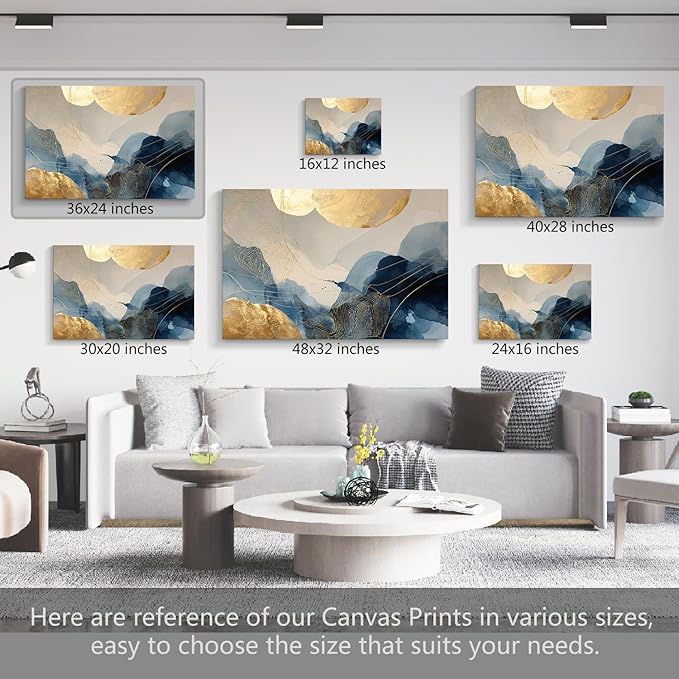 gaosoul Modern Blue Abstract Canvas Wall Art Oil Painting Gicless Prints with Gold Circles Flowing Watercolor Effects Dynamic Brushstrokes Artwork for Living Room Home Office Decor Framed 36x24in