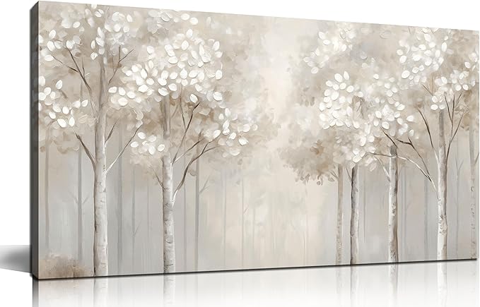 ANCXWOTER Large Forest Wall Art for Living Room Light Grayish-White Misty Birch Tree Picture for Bedroom Office Modern Landscapes Canvas Prints Ready to Hang 20x40 Inch（This color is a kind of light beige with a hint of gray, misty and dim.）