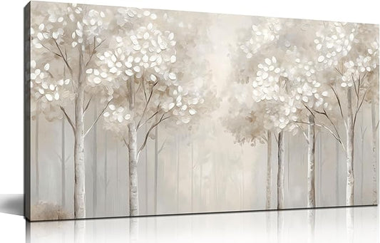 ANCXWOTER Large Forest Wall Art for Living Room Light Grayish-White Misty Birch Tree Picture for Bedroom Office Modern Landscapes Canvas Prints Ready to Hang 20x40 Inch（This color is a kind of light beige with a hint of gray, misty and dim.）