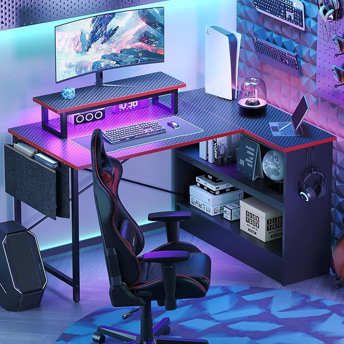 Bestier L Shaped Gaming Desk with Storage Shelves, 42 Inch Reversible Corner Computer Desk with LED Lights, PC Gaming Table with Side Storage Bag & Monitor Stand for Bedroom