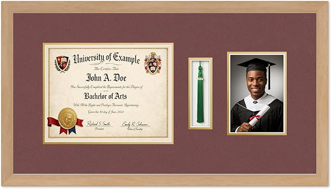CountryArtHouse Diploma Tassel and Photo Shadowbox Fits 11 x 8.5 US Letter Certificate with Tassel Ho Natural Wood Genuine Hardwood with Dark Red Over Metallic Gold Double mat