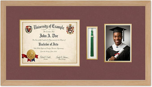 CountryArtHouse Diploma Tassel and Photo Shadowbox Fits 11 x 8.5 US Letter Certificate with Tassel Ho Natural Wood Genuine Hardwood with Dark Red Over Metallic Gold Double mat