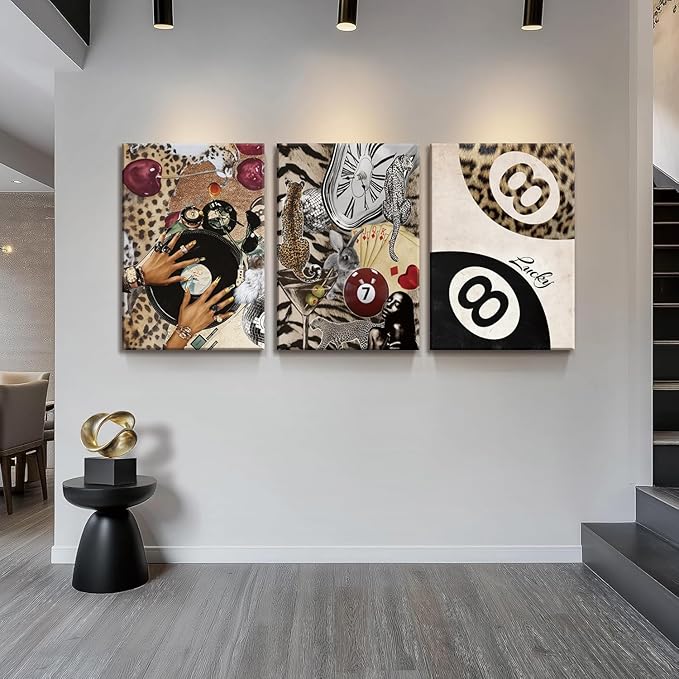 TUEASKY 3 Piece Canvas Wall Art Cheetah Wall Decor Y2K Pictures Vinyl Record Paintings Leopard Prints Lucky 8 Ball Artwork for Bedroom Game Room Bar Party