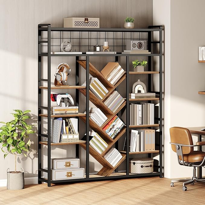 Triple 7-Tier Bookshelf, Industrial Large Bookcase with 20 Open Display Shelves, Modern Tree Bookcase with Metal Frame and Hanging Function for Living Room, Home Office, Rustic Brown and Black