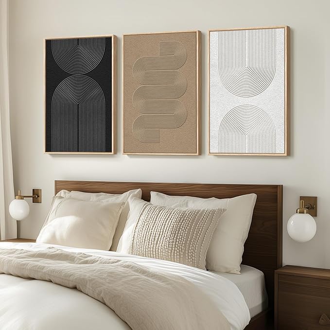 Large Framed Black and White Neutral Abstract Wall Art for Living Room, 3 Piece Boho Canvas Prints Paintings Artwork for Walls, Minimalist Geometric Pictures for Hallway Office Wall Decor 24x36 In