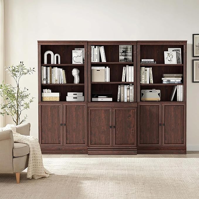 JAHRSTIM Halston Standard w/Doors Bookshelves and Bookcase Floor Standing 5 Tier Adjustable Shelves Organizer and Storage, 72in Tall Bookshelf for Home Office, Living Room, Bed Room, Kitchen, Cherry