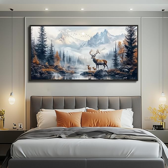 KELIYUAN Large Canvas Wall Art For Office Black Framed Wall Decor For Bedroom Living Room Mural Prints Pictures Lushan Mountain Scenery Painting Stretched and Framed Wall Aesthetics 24"X48"