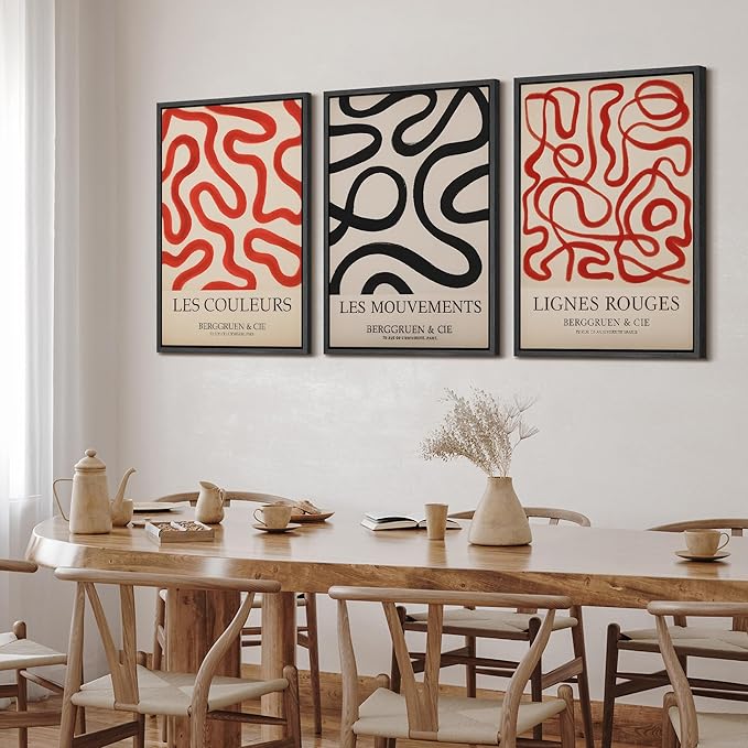 SIGNFORD Framed Wall Art Print Set French Modern Abstract Line Red and Black Curved Shapes Digital Art Modern Art Contemporary for Living Room, Bedroom, Office - 16"x24"x3 BLACK