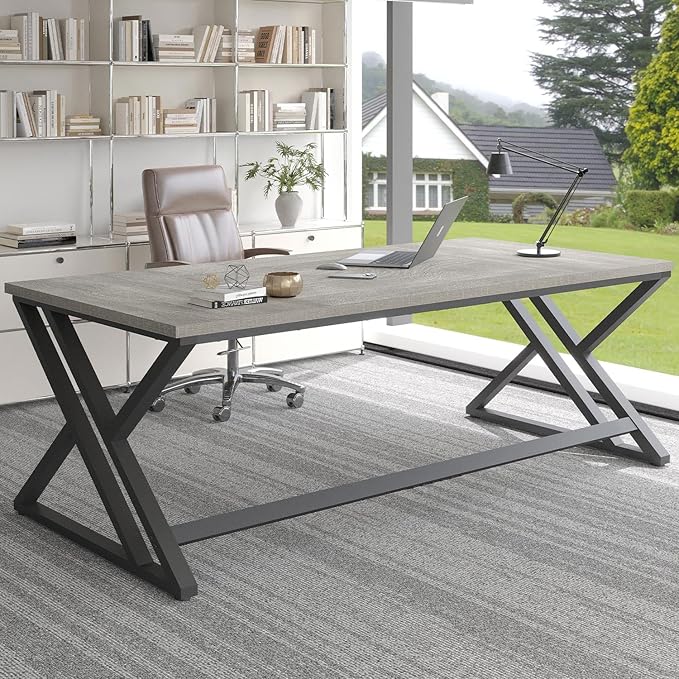 LVB Modern Long Office Desk, Large Wood Metal Computer Desk, Industrial Double Workstation Desk for Two People, Rustic PC Executive Work Study Writing Computer Table for Home, Light Grey Oak, 78.7 in