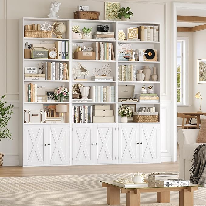 FACBOTALL 82" Tall Bookcase and Book Shelf, 24" Wide Bookshelf with Doors, 7 Tier Bookcase with Storage and Adjustable Shelf, Open and Display Farmhouse Bookshelf for Living Room, Home Office, White
