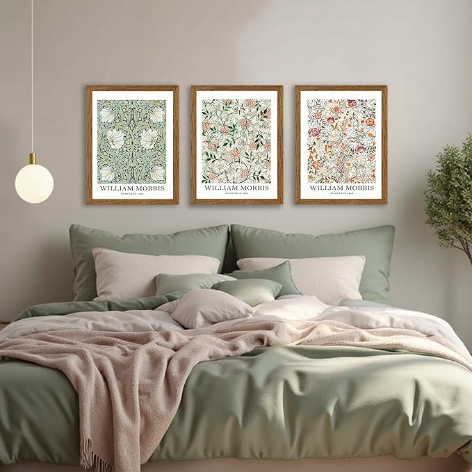 InspiredHues 3 Pieces William Morris Classic Canvas Wall Art, Green Pink and White Floral Design Wall Decor, Vintage Botanical Art Prints for Living Room Office Home Decoration 12x16 inch Wood Framed
