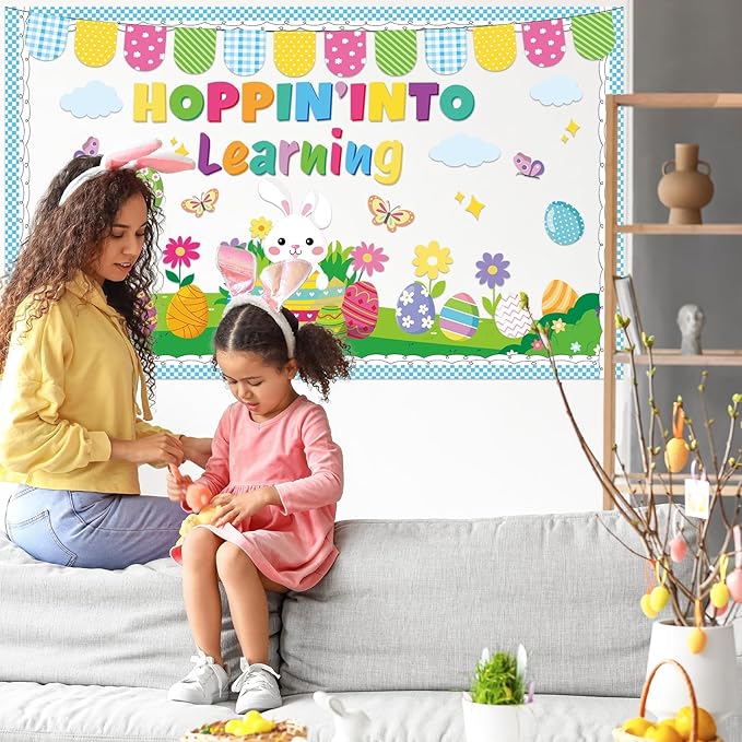 Spring Easter Bulletin Board Set Easter Classroom Decorations Hopping into Spring Bulletin Board Spring Bunny Eggs Paper Cutouts for Holiday Teacher School Office Chalkboard wall Decor