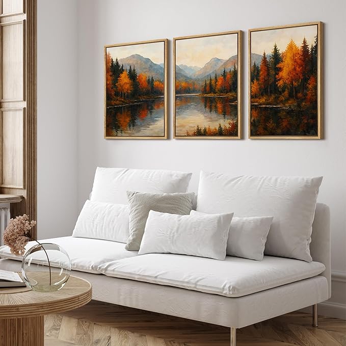 SIGNFORD Framed Wall Art Print Set Autumn Mountain Lake Vibrant Fall Forest Landscape Digital Art Modern Art Contemporary for Living Room, Bedroom, Office - 16"x24"x3 Natural