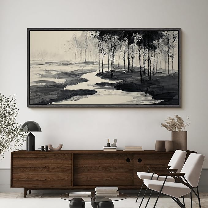 SIGNFORD Extra Large Framed Canvas Print Wall Art Minimalist Ink Forest Landscape Illustrations Modern Art Calm Warm for Living Room, Bedroom, Office - 60"x30"