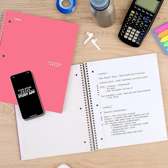 Five Star Spiral Notebook + Study App, 5 Subject, College Ruled Paper, 8-1/2" x 11", 200 Sheets, Fights Ink Bleed, Water Resistant Cover, Prom Pink (820004R)