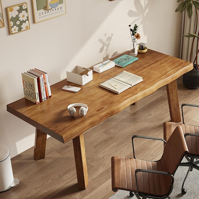 Solid Wood Desk 55 inches, Live Edge Wooden Home Office Computer Desk Modern Simple Design for Writing, Study, Dining, Gaming