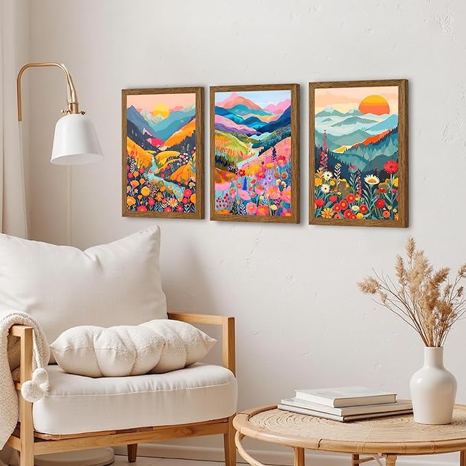 InspiredHues Colorful Mountain Boho Canvas Wall Art Set, 3 Piece Watercolor Flower Picture Wall Decor, Abstract Nature Landscape Artwork Prints for Living Room Bedroom Office 12x16 In Wood Framed