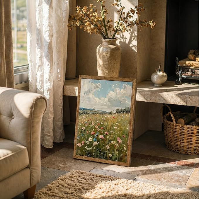 AVECCO Vintage Peaceful Wildflower Canvas Wall Art, Nature Floral Artwork Landscape Wall Decor, Colorfu Botanical Art Prints for Bedroom Living Room Office Home Decoration 16x24 Inches Wood Framed