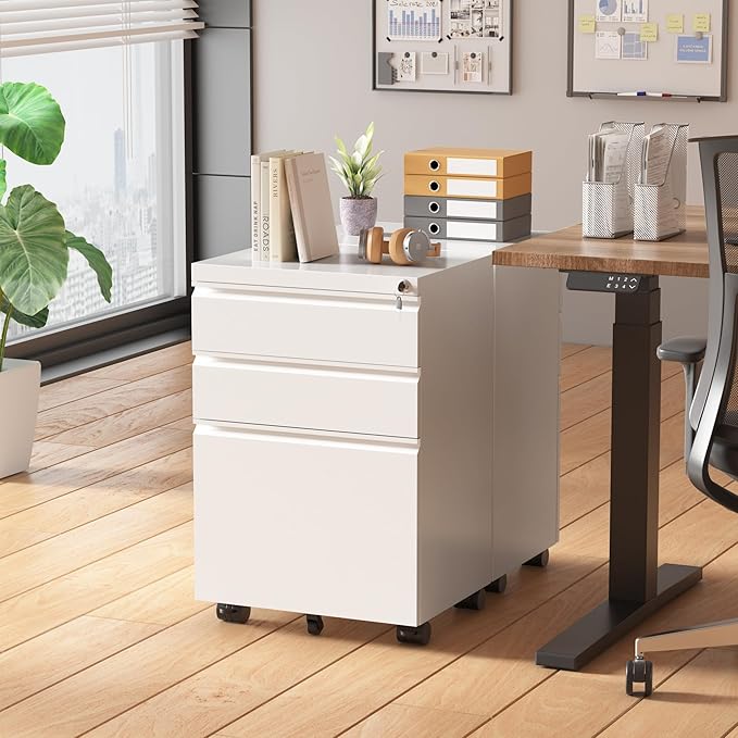 Greenvelly 3-Drawer Mobile File Cabinet with Locking Drawers & Wheels, No Assembly Required White Rolling Metal Filing Cabinet for Home Office, Lockable File Organizer Under Desk or Letter/Legal Files