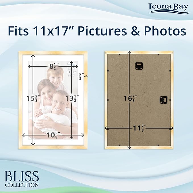 Icona Bay - 11x17 Gold Picture Frame with Removable Mat to 9x14 Photo - Modern Style Engineered Wood Poster Frame - Wall Mount Only - Bliss Collection