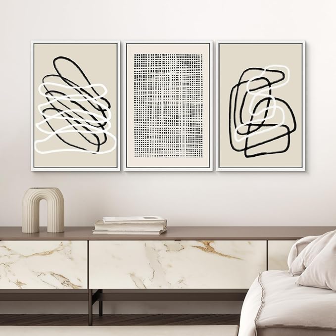 SIGNWIN Framed Canvas Print Wall Art Set Grunge Watercolor Paint Strokes Abstract Shapes Cozy Neutral Modern Art Decorative Boho Relax/Zen Nordic for Living Room, Bedroom, Office - 16"x24"x3 White