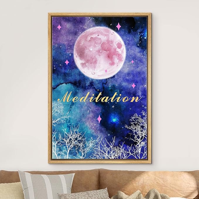IDEA4WALL Framed Canvas Print Wall Art Meditation Watercolor Galaxy with Pink Moon Astronomy & Space Sky Illustrations Modern Art Glam Colorful for Living Room, Bedroom, Office - 24"x36" NATURAL