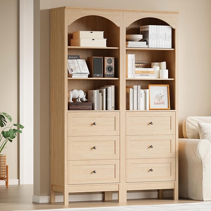 Bookshelf with Drawers, 71" Tall Wood Bookcase with Adjustable Shelf, 24" Wide Arched Book Shelf, Floor Standing Display Storage Cabinet for Home Office, Study and Living Room, Natural Oak