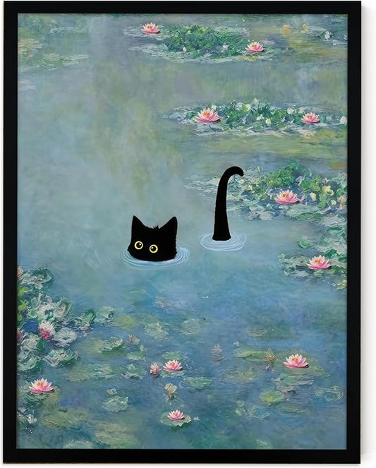 Fantasy Artists Monet Water Lilies Cat Wall Art, Framed Vintage Canvas Art Wall Decor, Funny Black Cat Posters Prints for Bathroom Bedroom Living Room Home Office Decorations 12" Wide X 16" Height