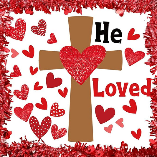 Fuutreo 44 Pcs Valentine's Day Christian Bulletin Board Decor We Love Because He First Loved Us Christian Jesus Bulletin Board Religious Heart Cutouts with Tinsel Twist Garland for Valentine Decor