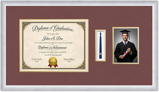 Diploma Tassel and Photo Frame Stainless Silver Shadowbox Dark Red Over Gold Mat - Fits 13 x 10 Degree Picture Made in the USA