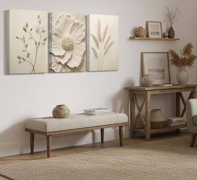 3Pcs Neutral Beige Floral Plant Canvas Wall art Textured Flower Botanical Painting Picture Wall Decor Vintage Blossom Poster Prints for Living Room Bedroom Bathroom Decoration
