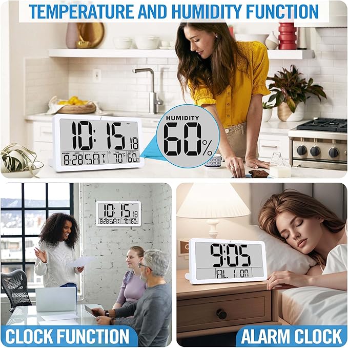 TXL Large Display Digital Wall Clock, Battery Operated with Temperature & Humidity, Auto DST, Date & Weekday, Easy Set Alarm, for Living Room, Bedroom, Office & Classroom (White)