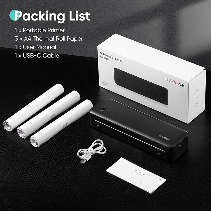 Portable Thermal Printer for Travel, Wireless Bluetooth Inkless Mini Printer w/ 300DPI , Supports 8.5" x 11" US Letter, Legal, A4 & A5 Paper, Compatible w/ Android, iOS, Laptop for Home, Office Use