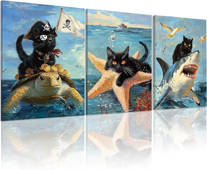 Framed Black Cat Wall Art, Ocean wall art, Funny Cat Shark Turtle Starfish Pictures Canvas Wall Decor for Bedroom Living Room Bathroom(Framed, 12x16in, Set of 3)