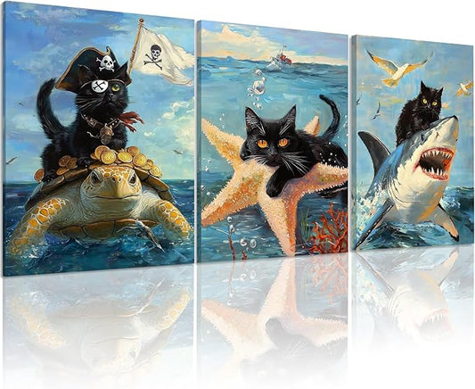 Framed Black Cat Wall Art, Ocean wall art, Funny Cat Shark Turtle Starfish Pictures Canvas Wall Decor for Bedroom Living Room Bathroom(Framed, 12x16in, Set of 3)