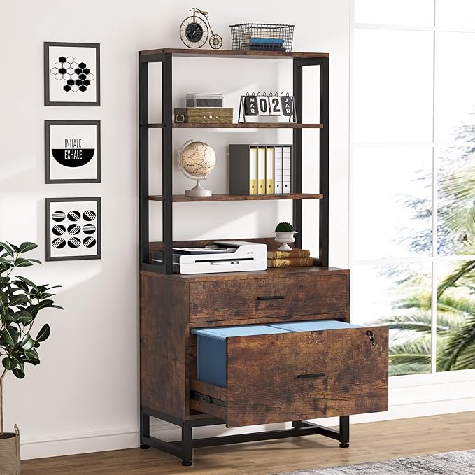 Tribesigns 2 Drawer Lateral File Cabinet with Lock, Letter Size Large Modern Filing Cabinet Printer Stand with Open Storage Shelves for Home Office, Dark Brown