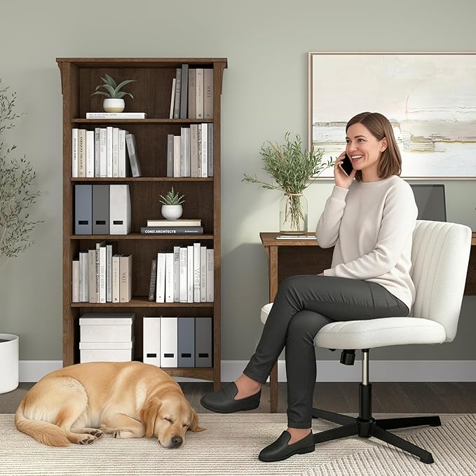 Bush Home Salinas 5 Shelf Bookcase in Ash Brown, Tall Bookshelf, Large Book Shelf for Living Room, Home Office, or Entryway