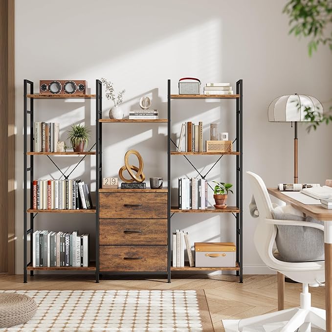 Triple Bookshelf with 3 Fabric Drawers, 4-Tier Book Shelf and 10 Display Shelves, Industrial Large Bookcase for Home & Office, Rustic Brown, 59'' Wide