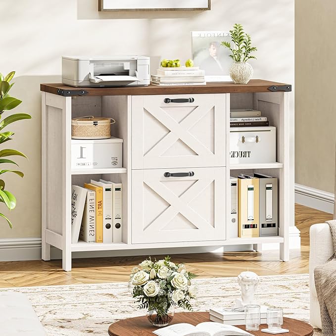 Vabches File Cabinet with 2 Drawers, Farmhouse Lateral File Cabinet Fits Files Letter/A4 Size, Wooden Filing Cabinet with Adjustable Shelves Printer Stand for Home Office, Rustic White
