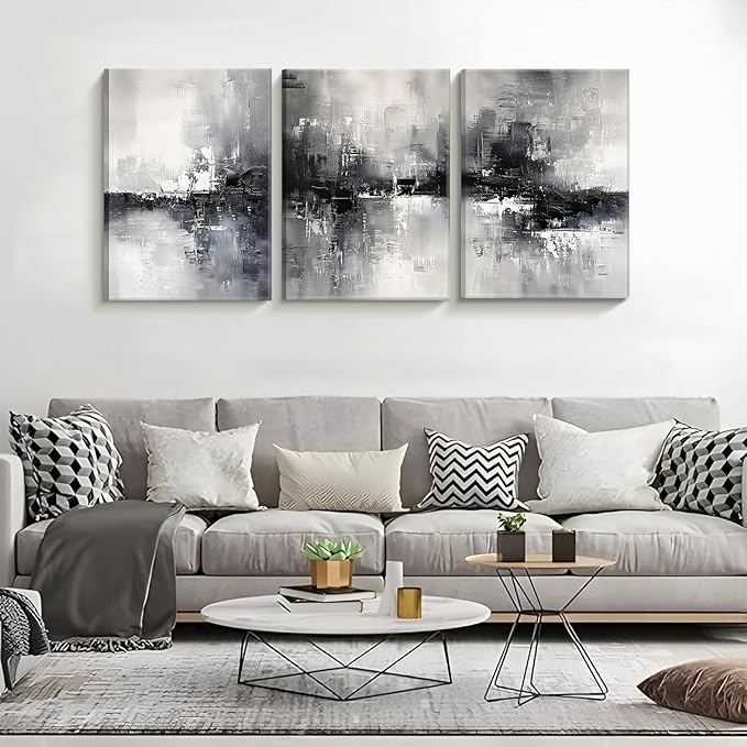 Dytila 3 Piece Large Black And White Abstract Canvas Wall Art for Living Room, Black And Grey Wall Decor, Modern Minimalist Art Print Pictures, Home Artwork - Dining Room Office Framed 16x24 Inch