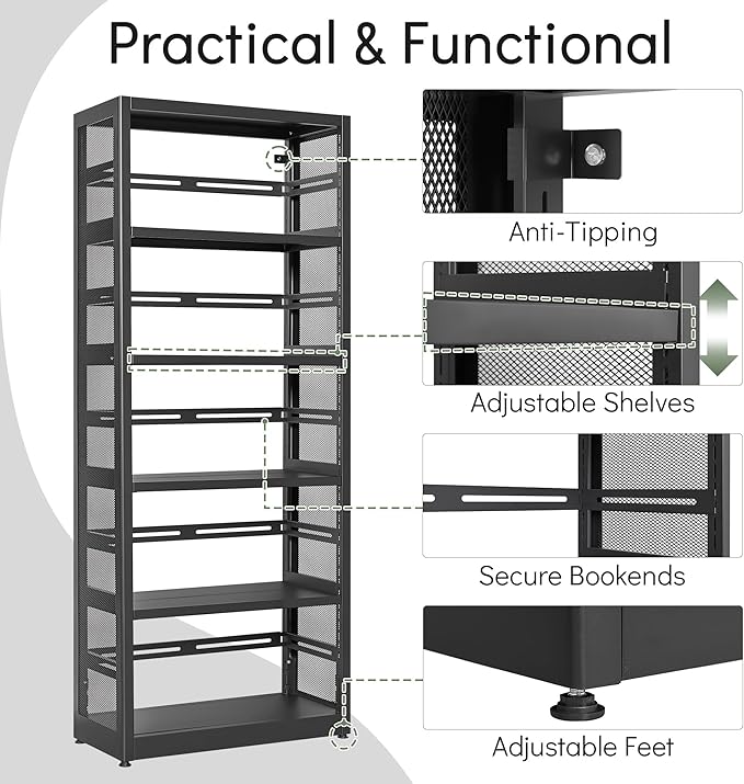 [Heavy Duty] Metal 5 Tier Bookshelf, 68" Tall Bookcase with Adjustable Shelves, Open Storage Shelf, Floor Standing Bookshelves, Bookcases for Office, Living Room, Bedroom, Black, Assembly Required