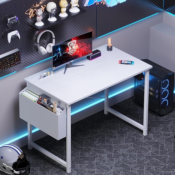 OLIXIS Computer Desk 40 Inch Home Office Desks for Small Spaces, Gaming Writing Study Work Table with Storage Bag and Headphone Hook for Bedroom, White