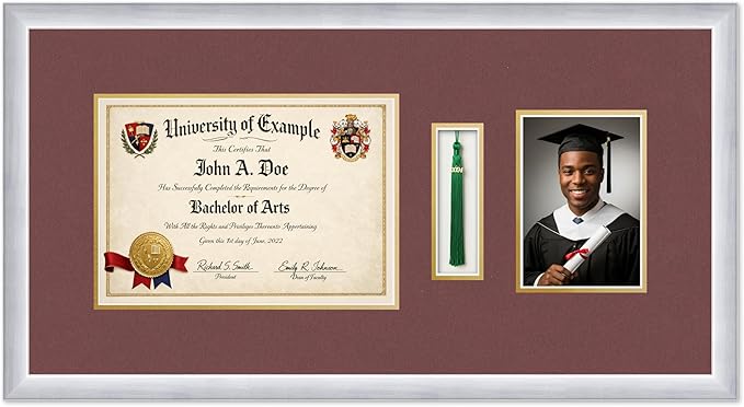 CountryArtHouse Diploma Tassel and Photo Shadowbox Fits 11.69 x 8.27 A4 Certificate with Tassel Stainless Silver Genuine Hardwood with Dark Red Over Metallic Gold Double mat