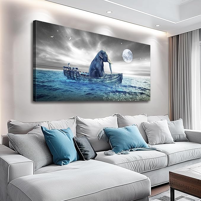 MHARTK66 Moon Beach Wall Art Prints- Modern Large Coastal Landscape Canvas Bedroom Blue Ocean Picture Relaxing Living Room Sea Scene Painting Elephant Boat Seascape Artwork Bathroom Office Home Decor