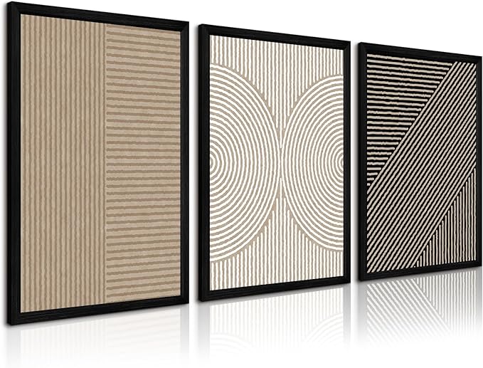 Boho Modern Wall Art Pictures Neutral Abstract Canvas Wall Decor Minimalist Line Wall Art Beige Brown Black Poster Mid Century Painting Artwork for Living Room Bedroom 12x16x3 Inch Wood Framed