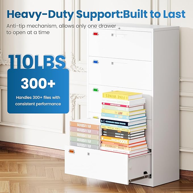 5 Drawer File Cabinet, Lateral Filing Cabinets for Home Office, Office Storage Drawers with Lock, Hanging Files Legal/Letter A4 Size (Assemble Required,White)