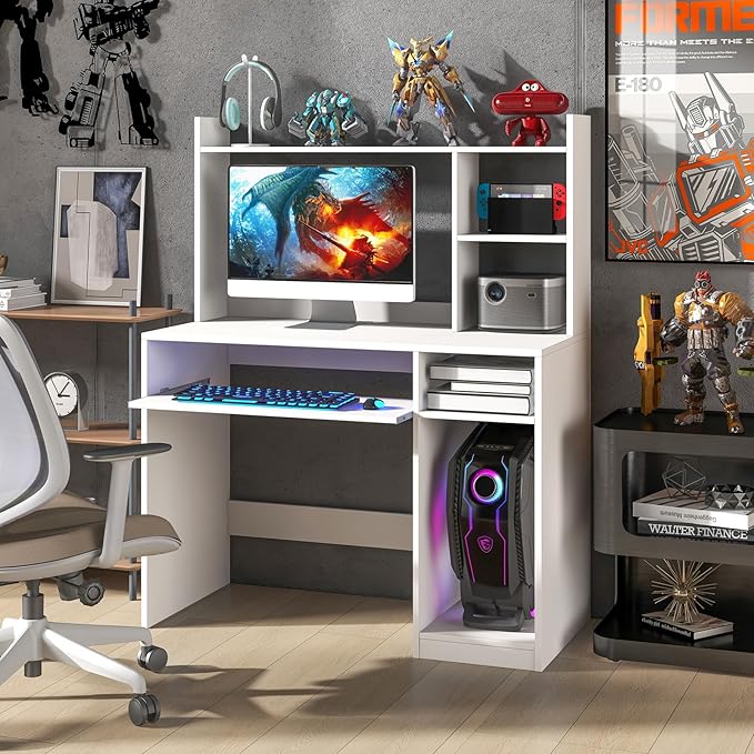 Giantex Computer Desk with Hutch, 43.5 Inch Home Office Desk with Keyboard Tray & Charging Station, Laptop PC Table for Workstation, Modern Study Writing Desk for Small Space, Bedroom, White