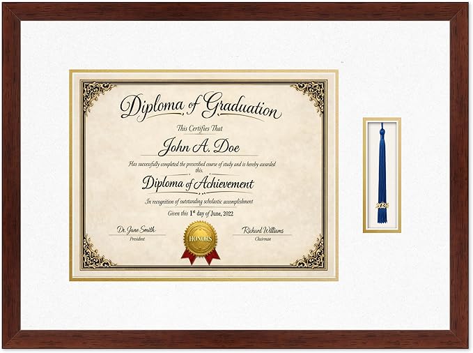 Diploma Frame with Tassel Holder Rustic Walnut Shadowbox Oyster Shell Over Gold Mat - Fits 14 x 11 Degree Made in the USA
