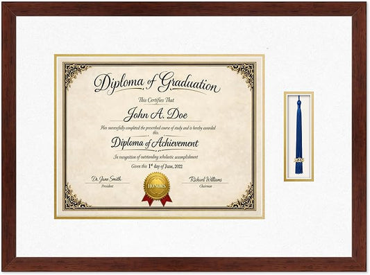 Diploma Frame with Tassel Holder Rustic Walnut Shadowbox Oyster Shell Over Gold Mat - Fits 14 x 11 Degree Made in the USA