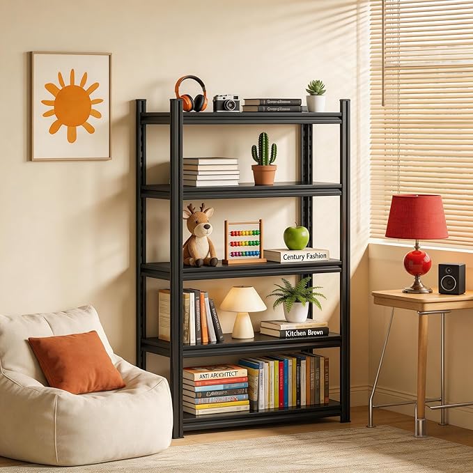 36" W*72" H Book Shelf，5 Tier Metal Wide Bookshelf，Heavy Duty Book Shelfs，Adjustable Shelving Unit，Tall Bookcase，Industrial Bookshelf for Living Room，Bedroom，Office and Library